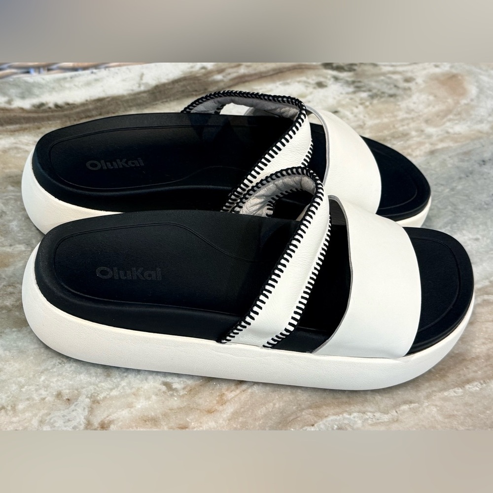 OluKai Ivory and Black Double Strap Slide Sandals - Picture 3 of 8